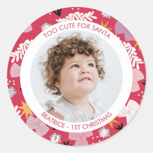 Sticker Rond 1ère photo de noël bébé floral tendance mignonne