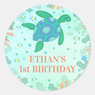 Sticker Rond 1ère tortue d'anniversaire sous la mer