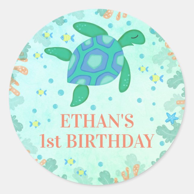 Sticker Rond 1ère tortue d'anniversaire sous la mer (Devant)