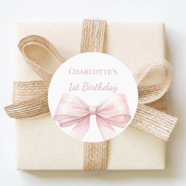 Sticker Rond 1st Birthday Bow Blush Pink Girl (Créateur téléchargé)