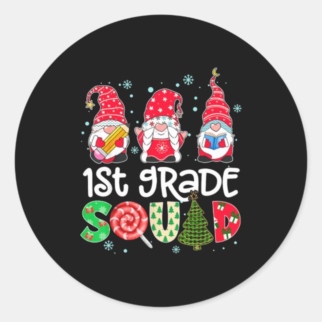 Sticker Rond 1st Grade Squad Gnome Teacher Christmas Ne Buffalo (Devant)