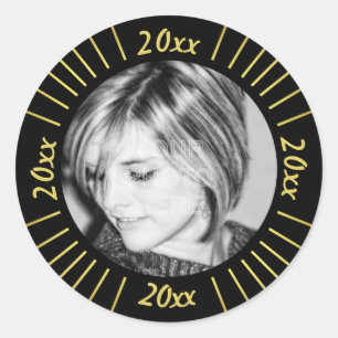 Sticker Rond 2023 Graduation Party Photo Black Gold Mod Stripes