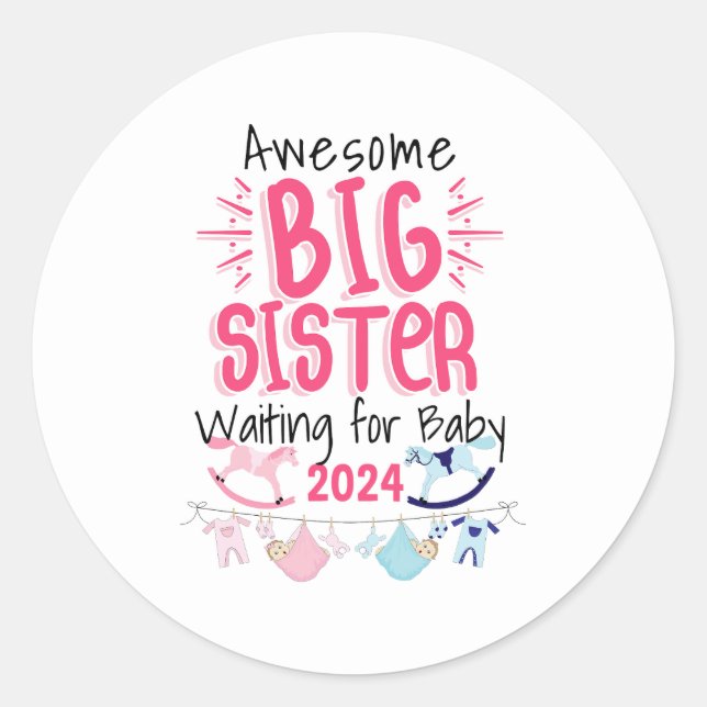 Sticker Rond 2024 Big Sister Attente de nouveau bébé frère (Devant)