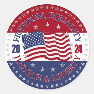 Sticker Rond 2024 États-Unis Drapeau Liberté, Égalité, Justice 