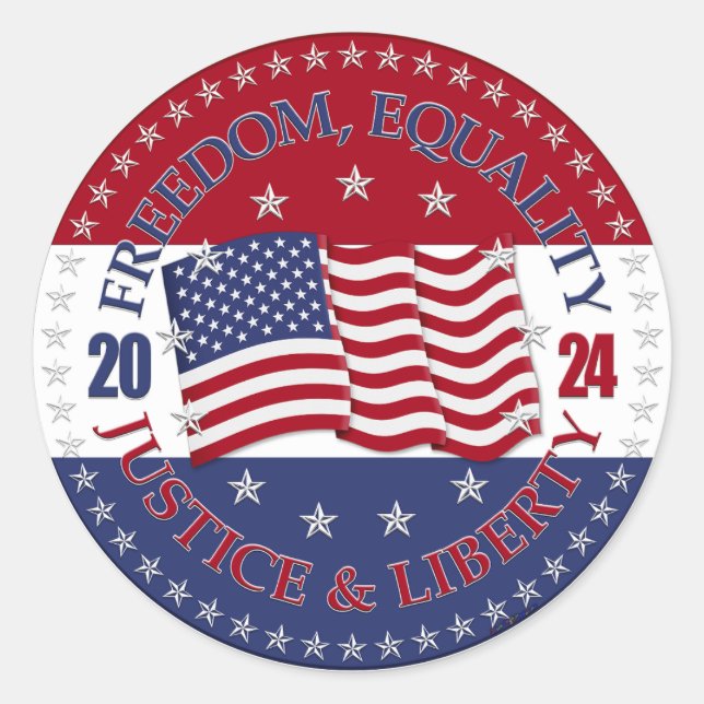 Sticker Rond 2024 États-Unis Drapeau Liberté, Égalité, Justice  (Devant)