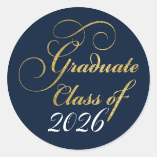 Sticker Rond 2024 Graduate Elegant Gold Blue Party Merci