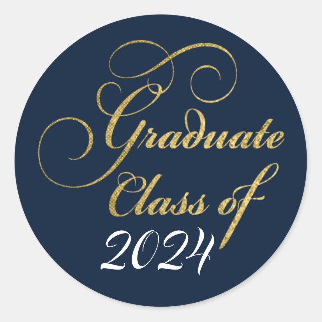 Sticker Rond 2024 Graduate Elegant Gold Blue Party Merci (Devant)