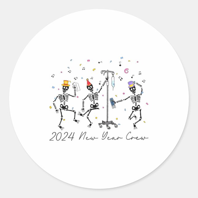 Sticker Rond 2024 New Year Crew Skeleton Dancing Funny Nurse Ic (Devant)
