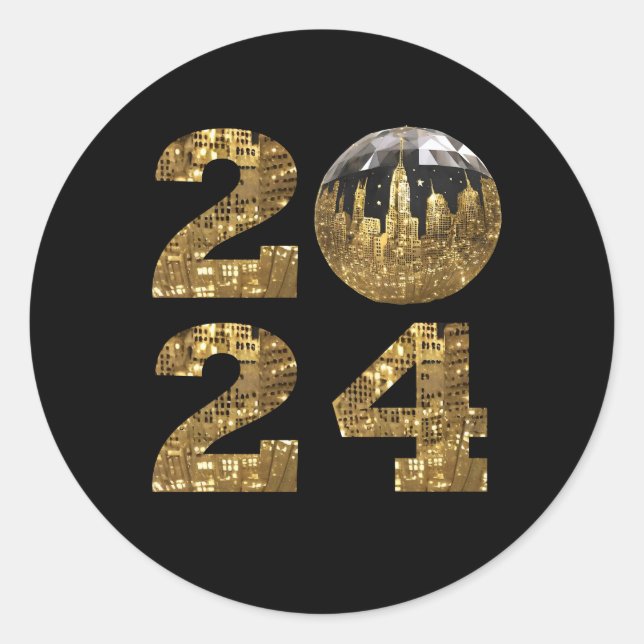 Sticker Rond 2024 Nouvel An Party-Ball-NYC Or- (Devant)