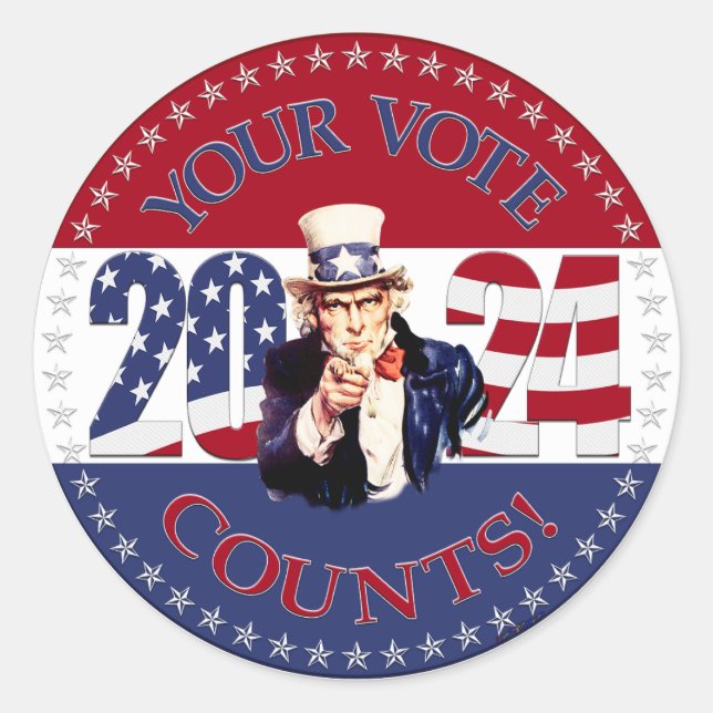 Sticker Rond 2024 Votre vote compte Oncle Sam USA Drapeau (Devant)