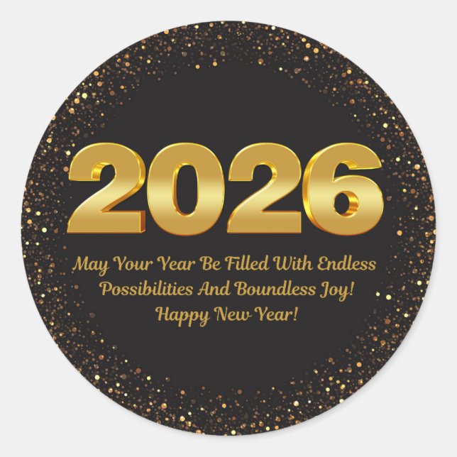 Sticker Rond 2026 happy new year, black gold glitters modern (Devant)