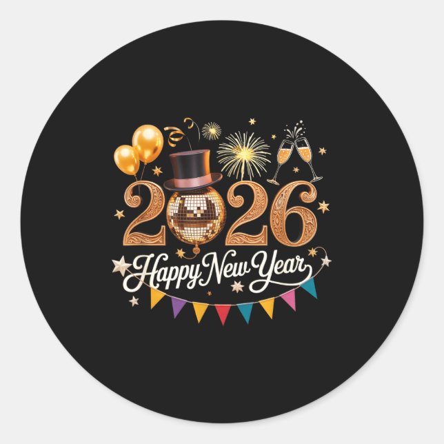Sticker Rond 2026 New Year Celebration Disco Ball Gold Festivit (Devant)
