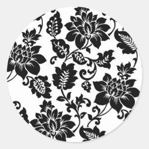 Sticker Rond 20 Sceau d'enveloppe Mariage damassé Floral Noir/R