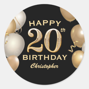 Sticker Rond 20e fête d'anniversaire Ballons Noir et Or