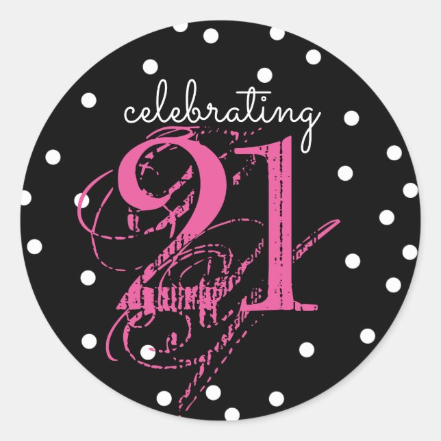 Sticker Rond 21 - 21e anniversaire rose noir blanc (Devant)