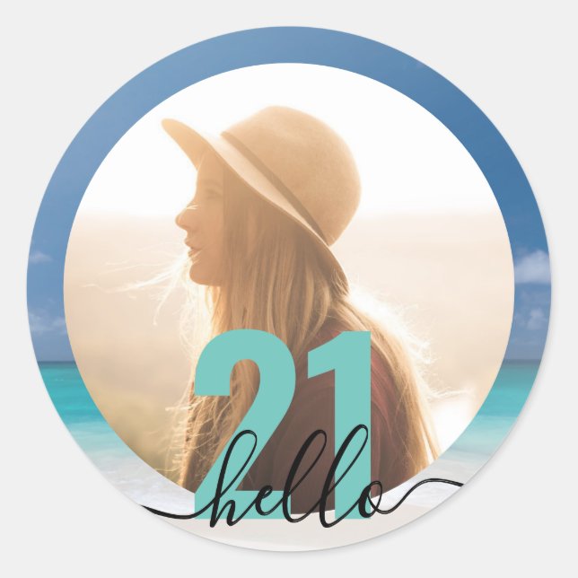 Sticker Rond 21e anniversaire de plage Photo personnalisée (Devant)