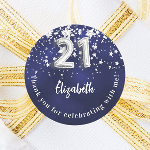 Sticker Rond 21e anniversaire marine bleu argent étoiles