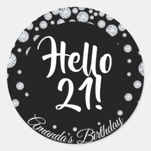 Sticker Rond 21e anniversaire noir blanc nom diamants glam