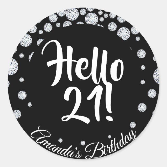 Sticker Rond 21e anniversaire noir blanc nom diamants glam (Devant)