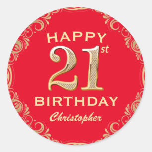 Sticker Rond 21e Anniversaire Parties scintillant rouge et or