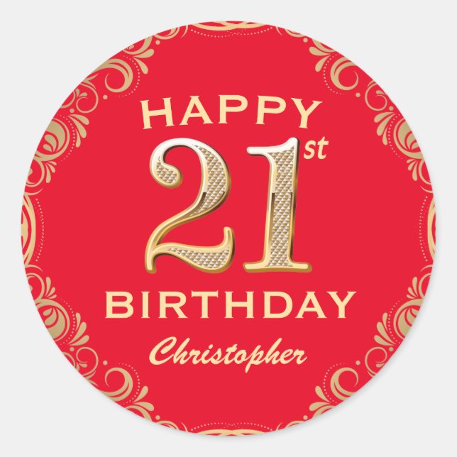 Sticker Rond 21e Anniversaire Parties scintillant rouge et or (Devant)