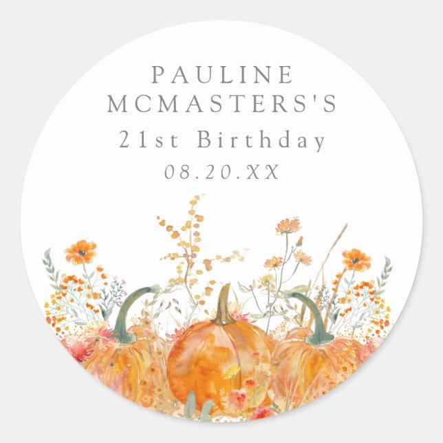 Sticker Rond 21e Anniversaire Pumpkin Wildflower Personnalisé F (Devant)
