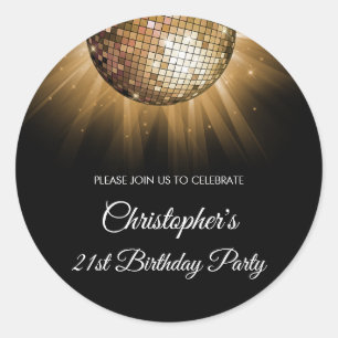 Sticker Rond 21e Anniversaire Soirée Gold Sparkle Disco Ball