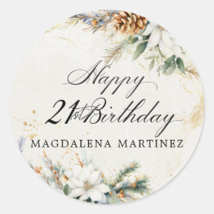 Sticker Rond 21e fête d'anniversaire Blanc hiver Floral personn