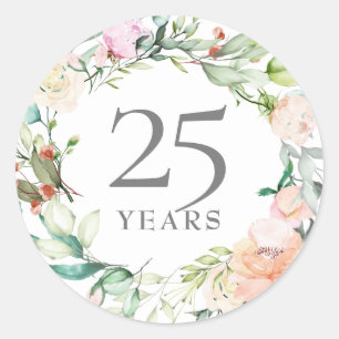Sticker Rond 25 Anniversaire Mariage Argent Roses floraux