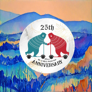Sticker Rond 25 Anniversaire Ours Couple Art Décoratif Folk