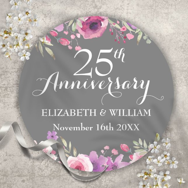 Sticker Rond 25e anniversaire de Mariage Aquarelle Rose verdure (25th Wedding Anniversary Watercolor Roses Greenery Classic Round Sticker)