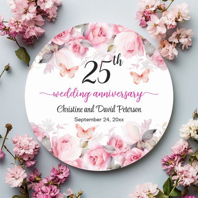 Sticker Rond 25e Anniversaire de Mariage Argent Roses Fardées (Créateur téléchargé)