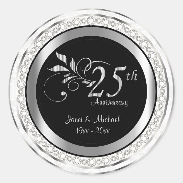 Sticker Rond 25e anniversaire du Mariage d'argent - Damas blanc (Devant)