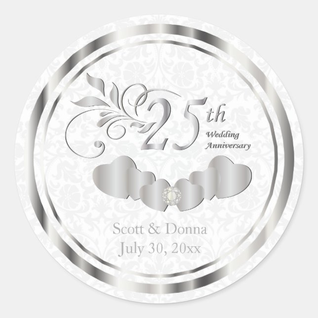Sticker Rond 25e anniversaire du Mariage d'argent - Damas blanc (Devant)