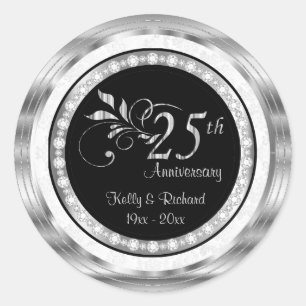 Sticker Rond 25e anniversaire du Mariage d'argent - Damas blanc