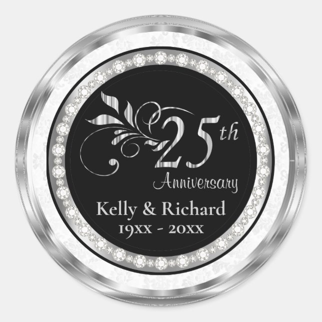 Sticker Rond 25e anniversaire du Mariage d'argent - Damas blanc (Devant)