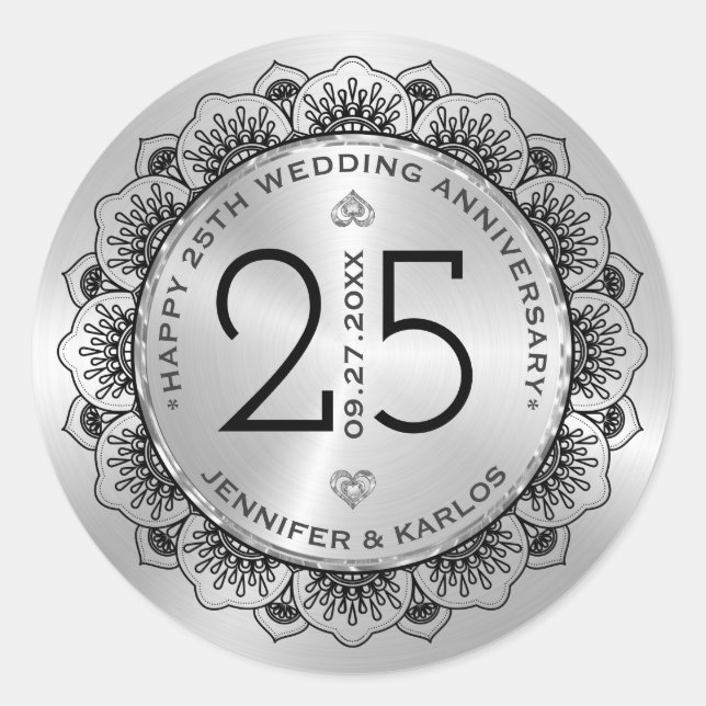 Sticker Rond 25e anniversaire du mariage dentelle noire et arge (Devant)