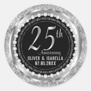 Sticker Rond 25e anniversaire en argent métallique et noir
