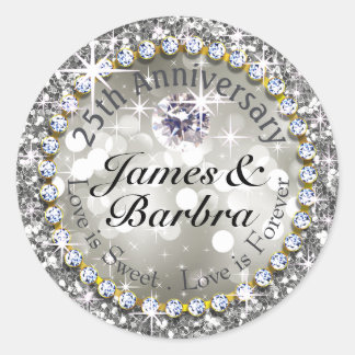 Sticker Rond 25e anniversaire Glitzy Diamond Bling | argent
