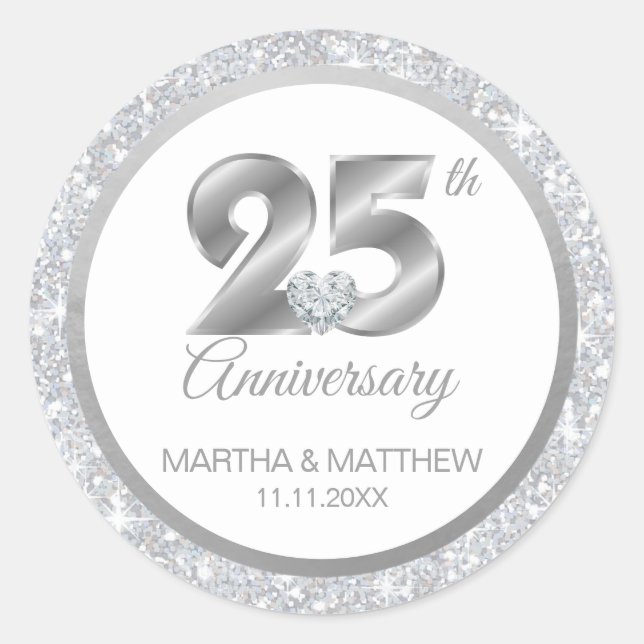 Sticker Rond 25e anniversaire Mariage d'argent personnalisé (Devant)