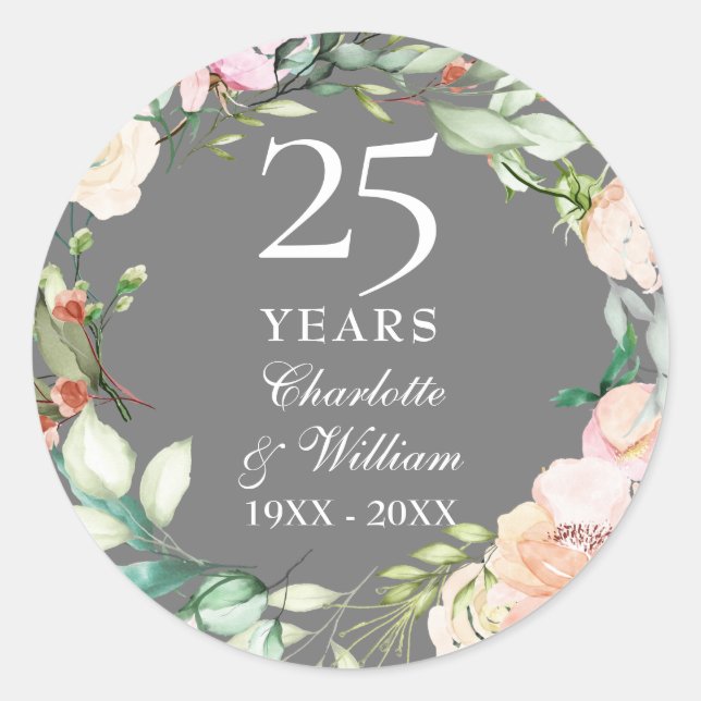 Sticker Rond 25e anniversaire Mariage d'argent Roses Garland (Devant)