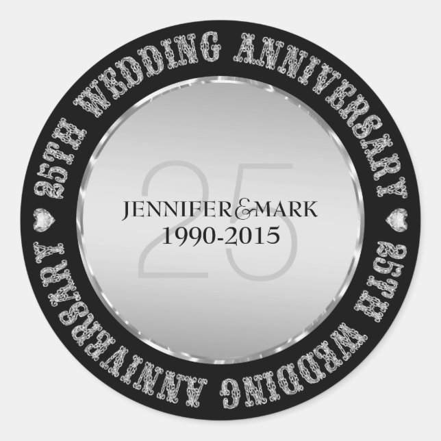 Sticker Rond 25E Anniversaire Mariage Métallique Argent Et Noir (Devant)