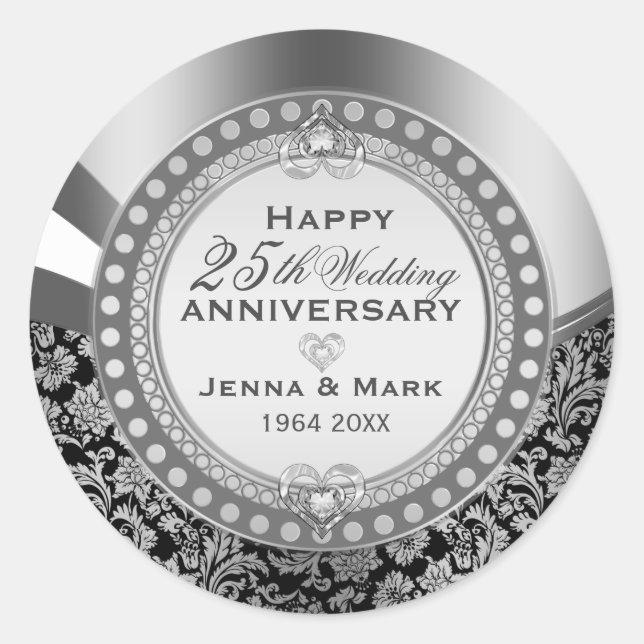 Sticker Rond 25e anniversaire Mariage Ornament noir et argent (Devant)