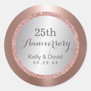 Sticker Rond 25e anniversaire Mariage Rose moderne Gold Silver
