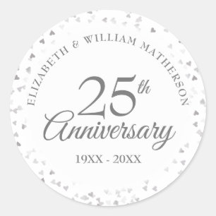 Sticker Rond 25e anniversaire Silver Love Hearts Confetti