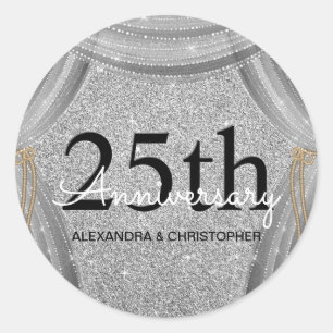 Sticker Rond 25ème Noir d'anniversaire de mariage et étincelle