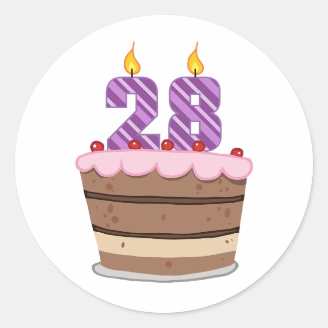 Sticker Rond 28 ans sur le gâteau d'anniversaire (Devant)
