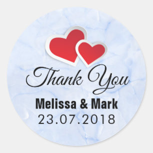 Sticker Rond 2 Coeurs en papier rouge sur Mariage en marbre ble