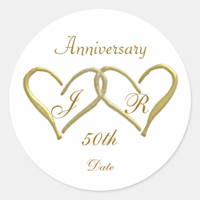 Sticker Rond 2 coeurs Monogramme Golden Mariage Anniversaire (Devant)