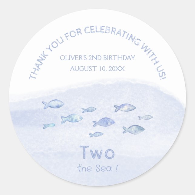 Sticker Rond 2e anniversaire bleu mer poisson mignon merci (Devant)